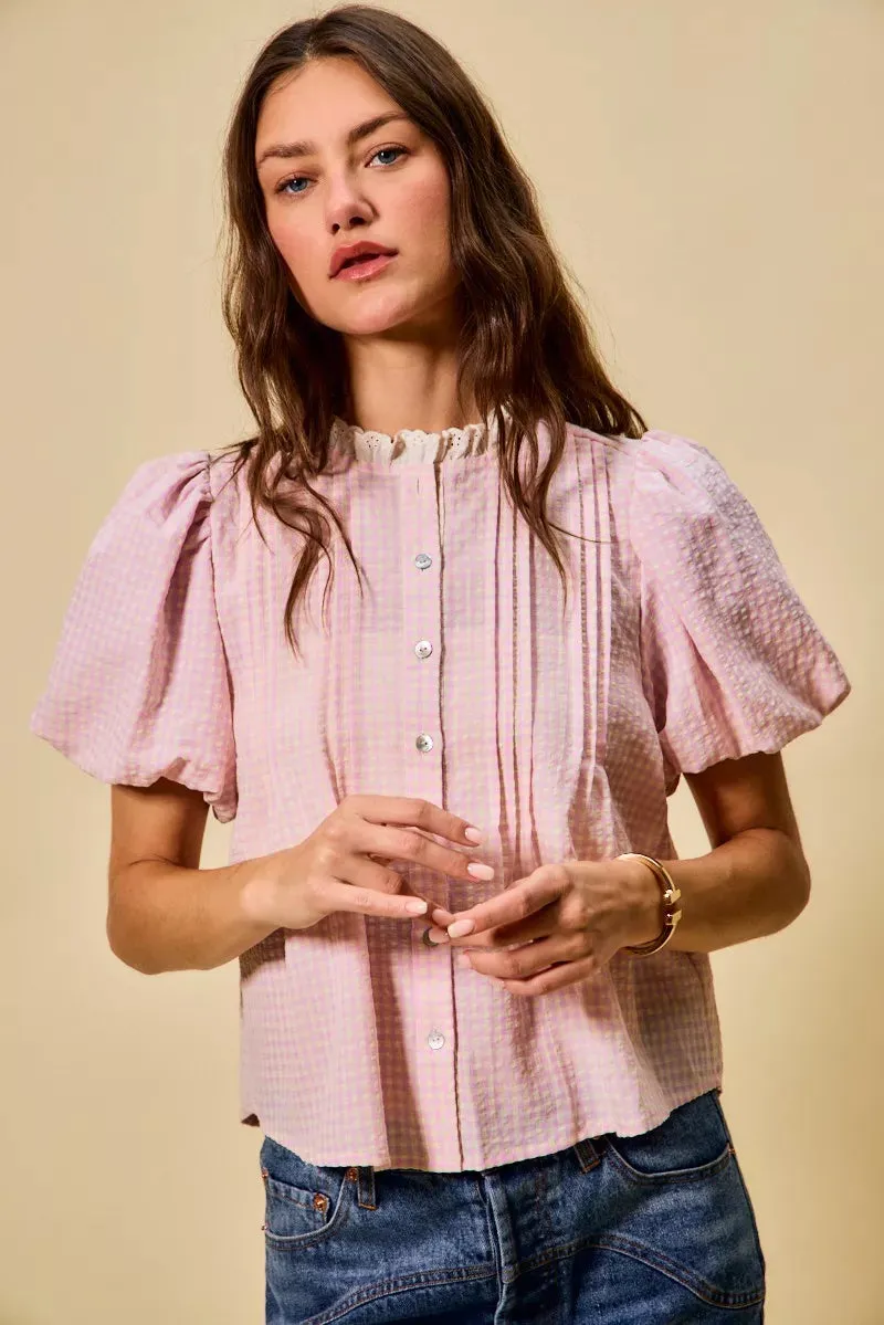 SO ME Gingham Lace Trim Button Bubble Sleeves Blouse sold by Charming Charlie