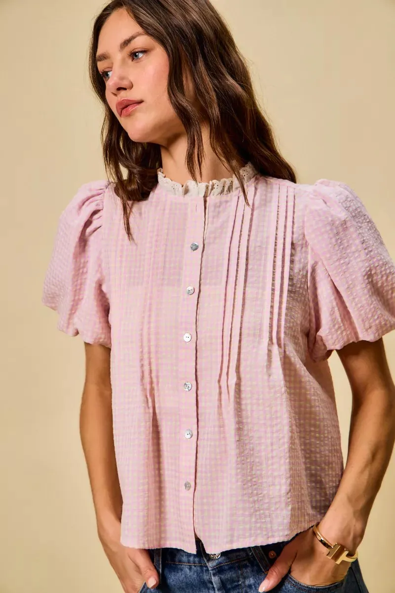 SO ME Gingham Lace Trim Button Bubble Sleeves Blouse sold by Charming Charlie product image thumbnail 2