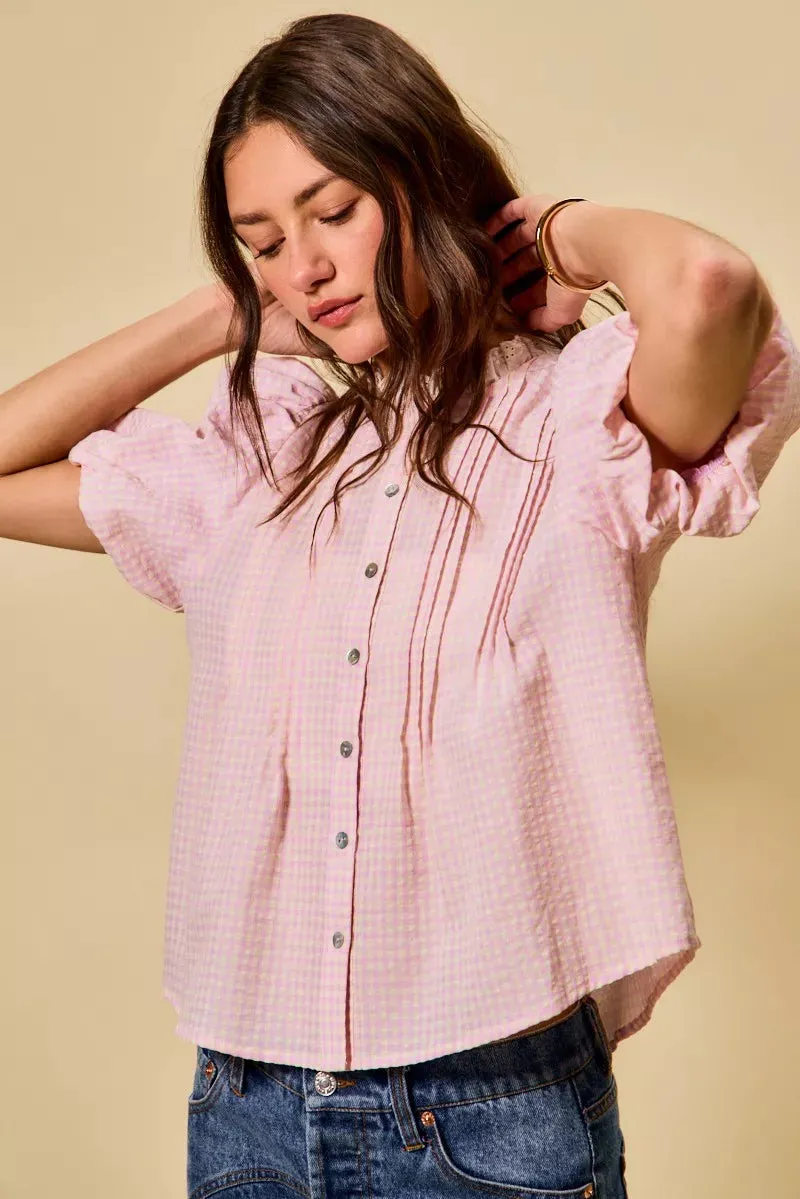 SO ME Gingham Lace Trim Button Bubble Sleeves Blouse sold by Charming Charlie product image thumbnail 3