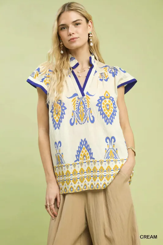 Umgee Border Print Split-Neck Boho Top sold by Charming Charlie