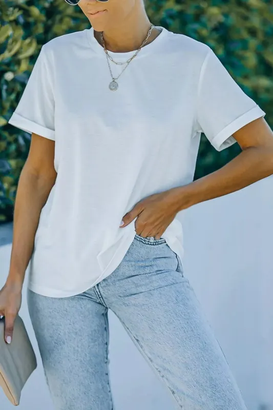 Round Neck Rolled Sleeve T-Shirt sold by Charming Charlie