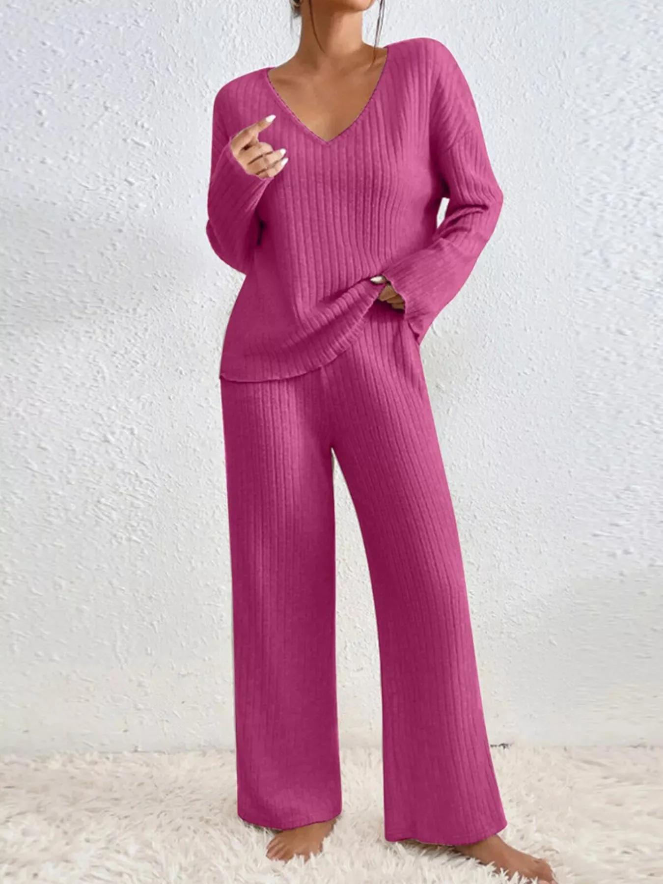Ribbed Knit V-Neck Top and Pants Set sold by Charming Charlie product image thumbnail 3