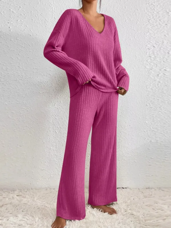 Ribbed Knit V-Neck Top and Pants Set made by Trendsi