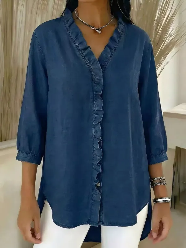 Full Size V-Neck Ruffled Button Down Shirt Plus Size sold by Charming Charlie