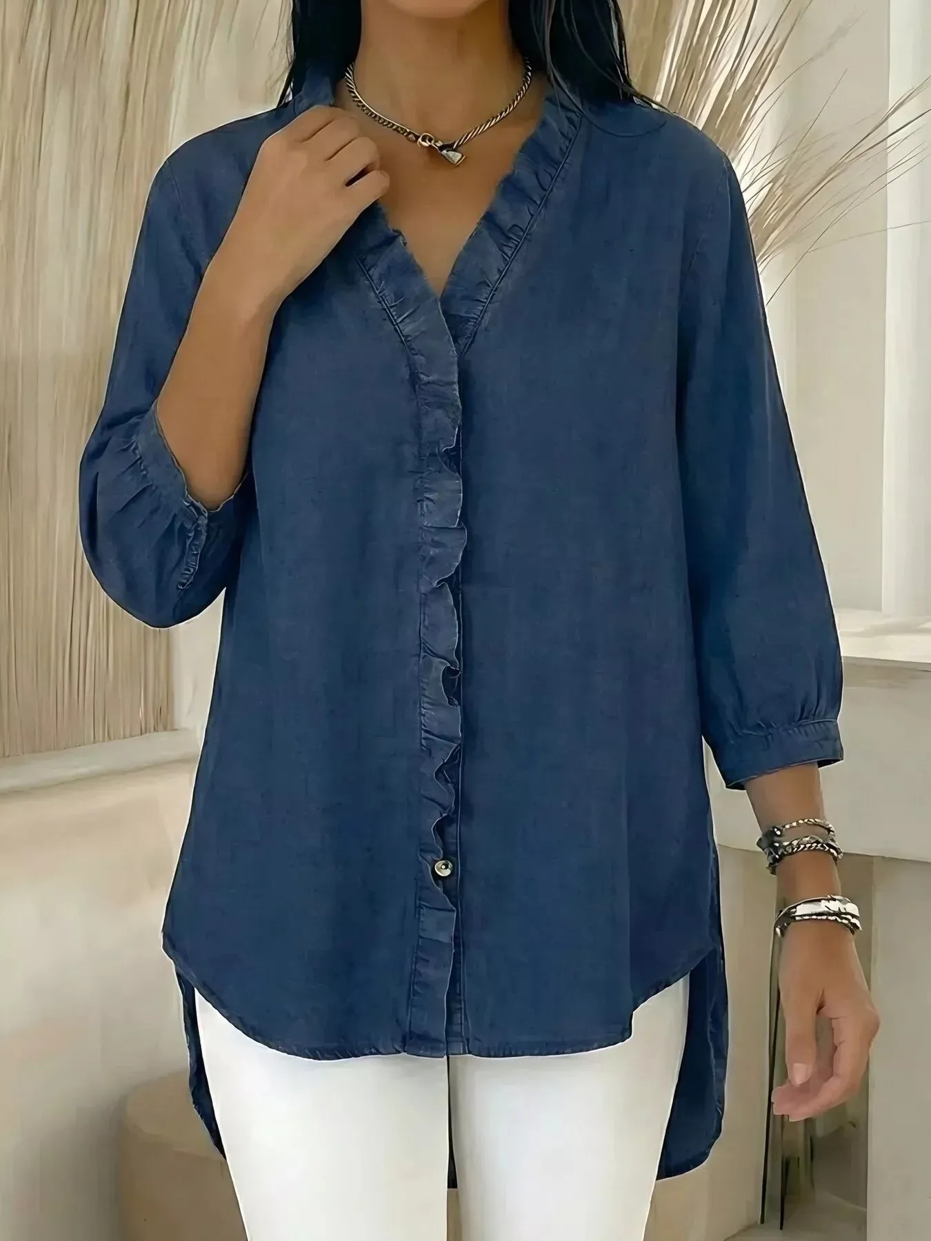 Full Size V-Neck Ruffled Button Down Shirt Plus Size sold by Charming Charlie product image thumbnail 3