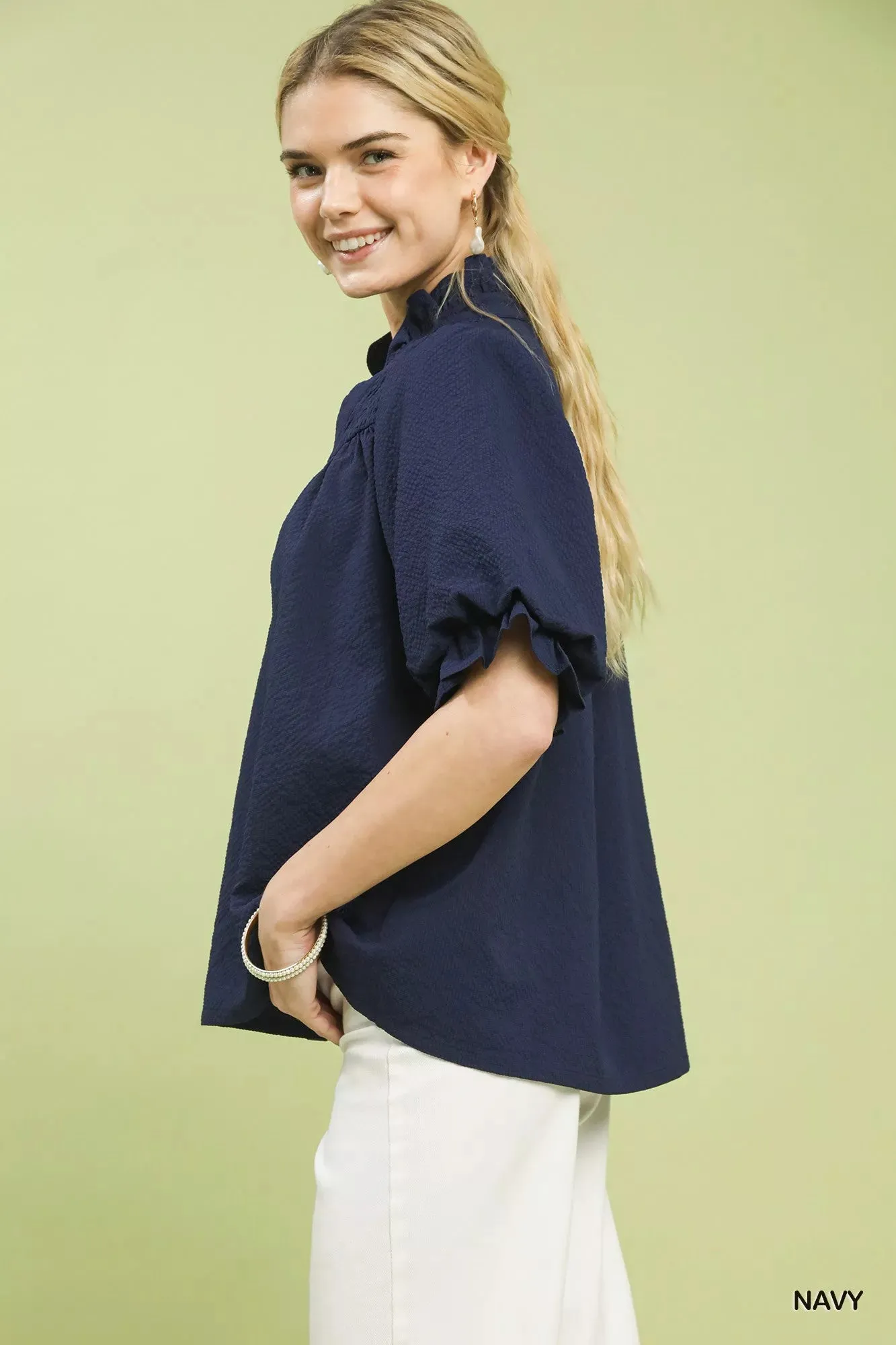 Umgee Textured Smocked Yoke Split-Neck Top sold by Charming Charlie product image thumbnail 2