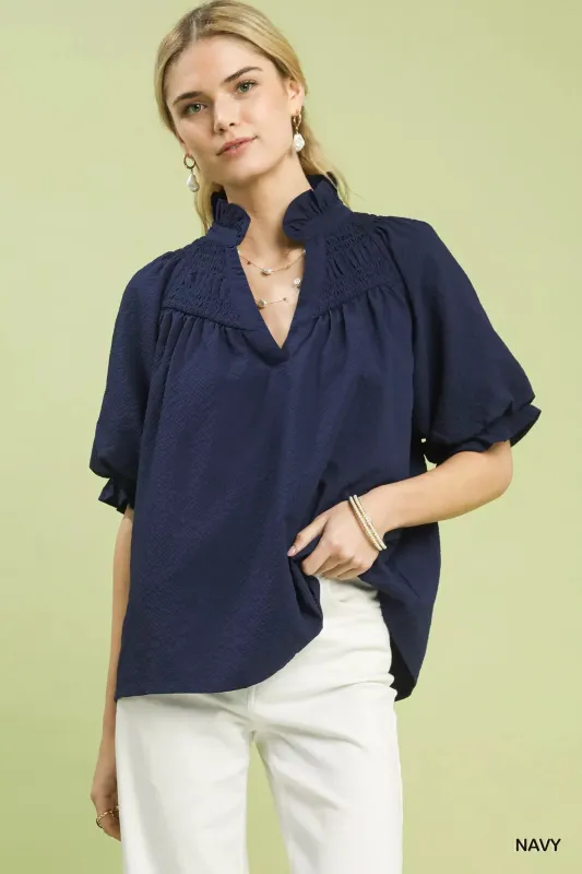 Umgee Textured Smocked Yoke Split-Neck Top sold by Charming Charlie