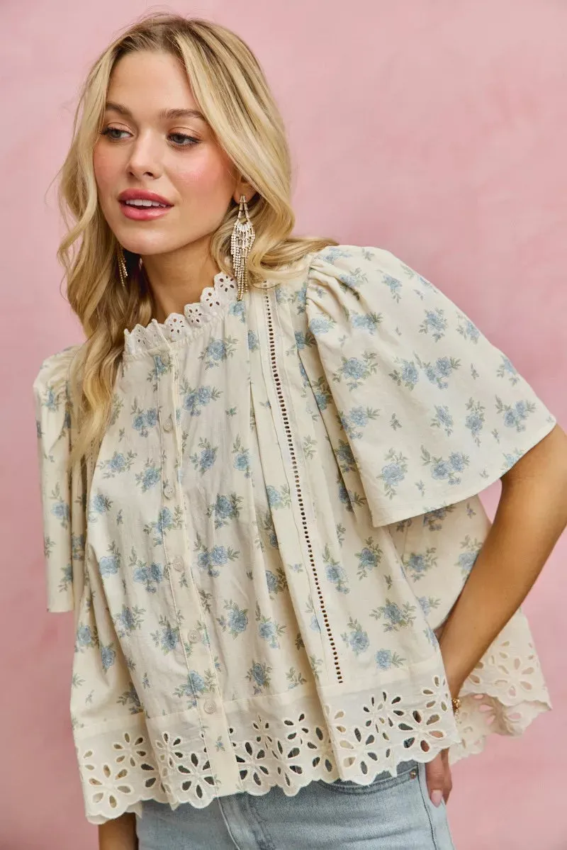 SO ME Floral Print Lace Trim Flutter Sleeves Blouse sold by Charming Charlie product image thumbnail 5