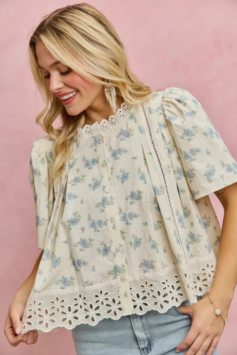 SO ME Floral Print Lace Trim Flutter Sleeves Blouse sold by Charming Charlie product image thumbnail 2