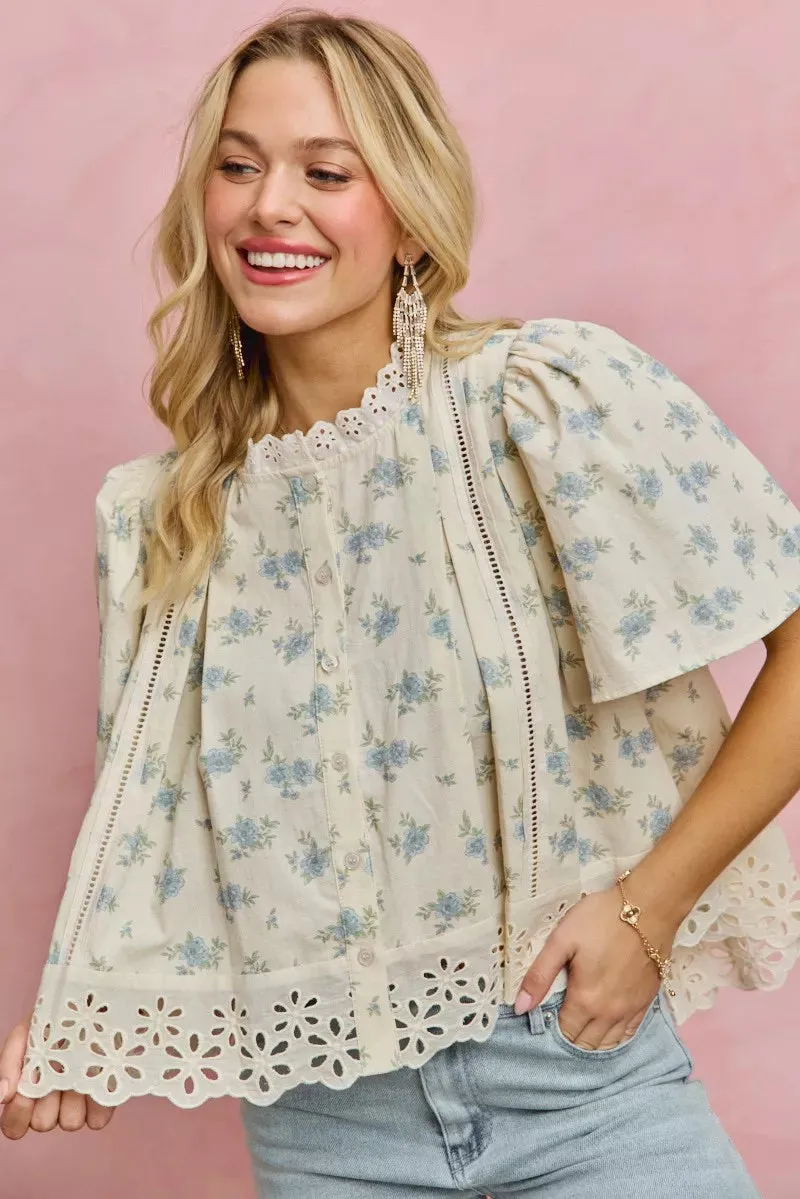 SO ME Floral Print Lace Trim Flutter Sleeves Blouse sold by Charming Charlie product image thumbnail 3
