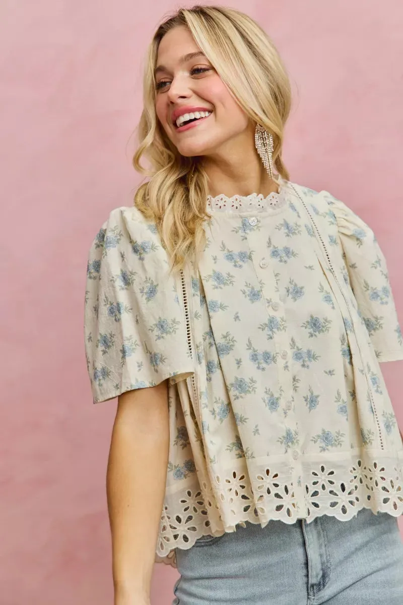 SO ME Floral Print Lace Trim Flutter Sleeves Blouse sold by Charming Charlie product image thumbnail 4