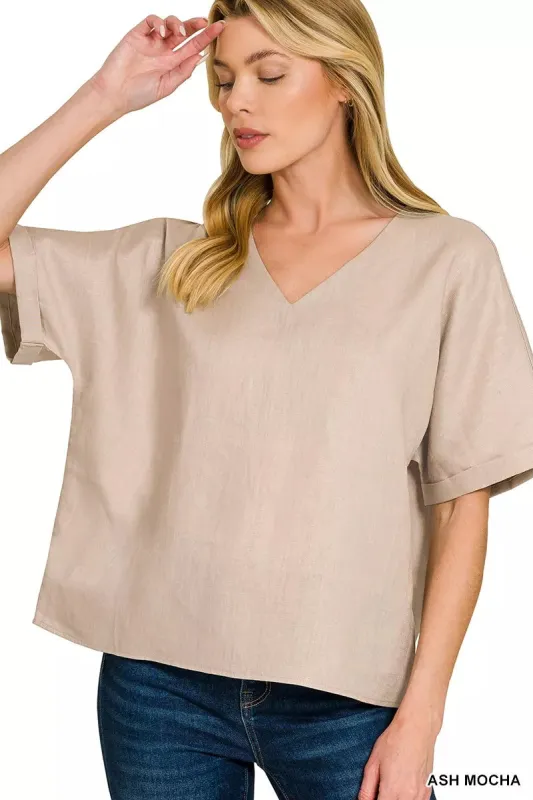 Zenana Linen V-Neck Cuffed Sleeve Top sold by Charming Charlie