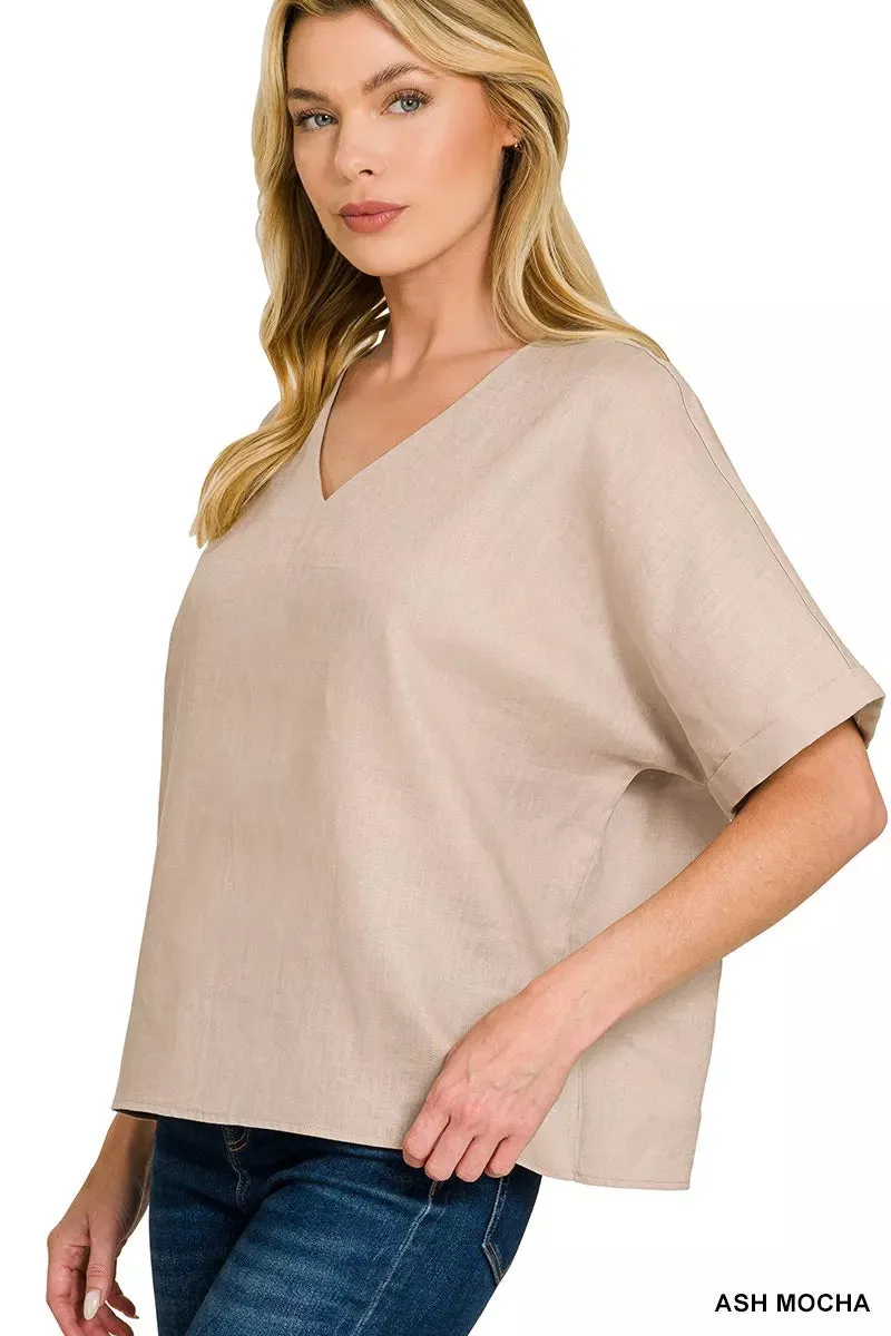 Zenana Linen V-Neck Cuffed Sleeve Top sold by Charming Charlie product image thumbnail 2
