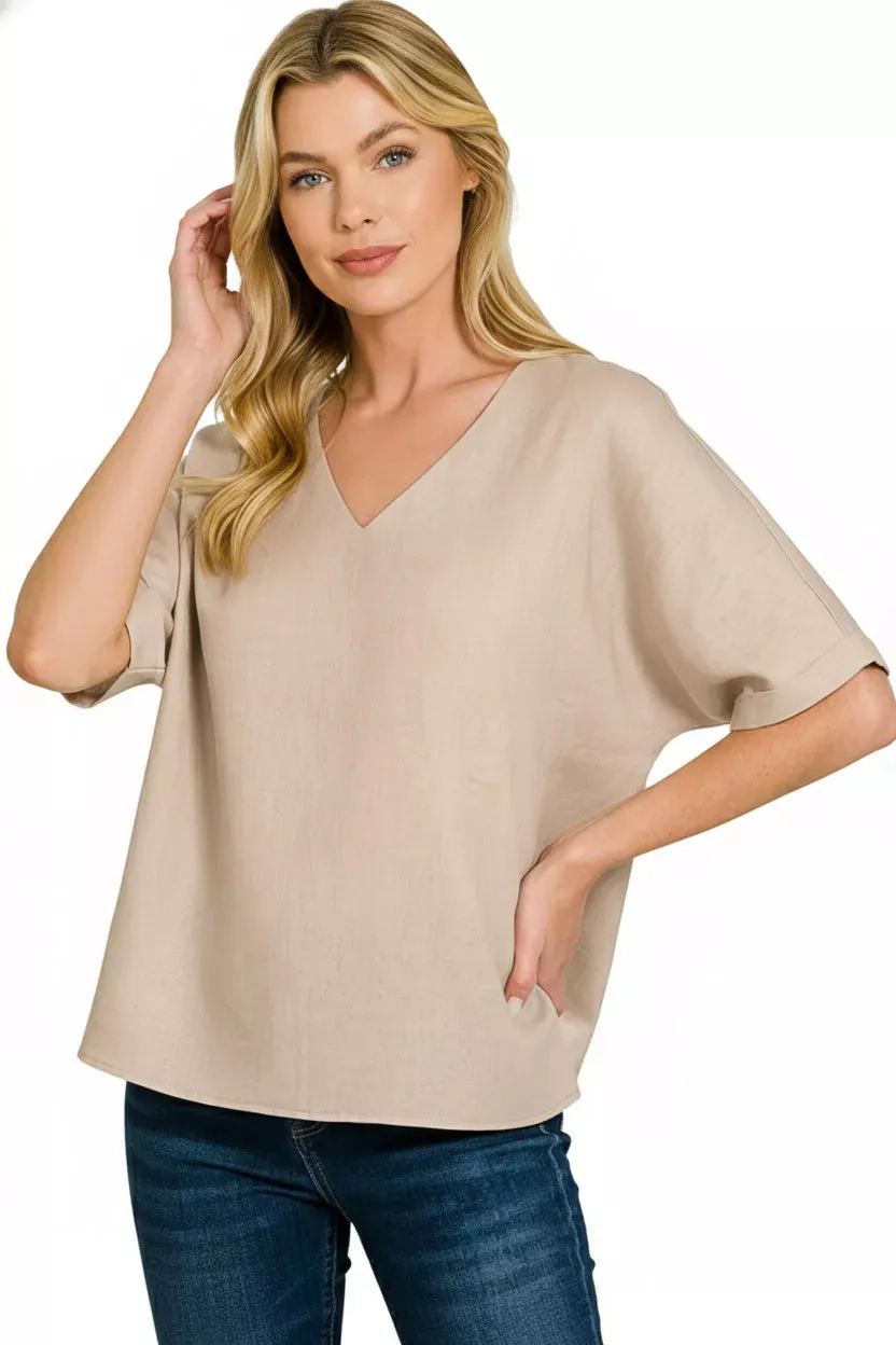 Zenana Linen V-Neck Cuffed Sleeve Top sold by Charming Charlie product image thumbnail 3