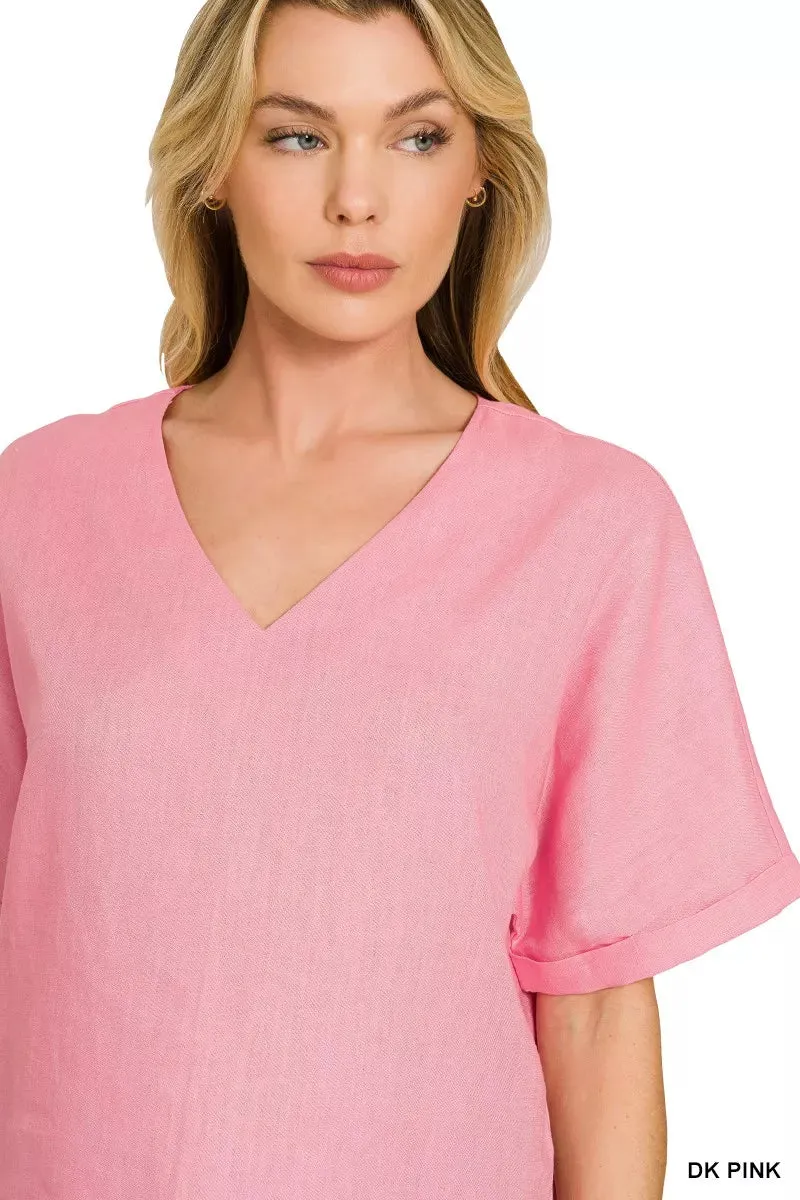 Zenana Linen V-Neck Cuffed Sleeve Top sold by Charming Charlie product image thumbnail 4