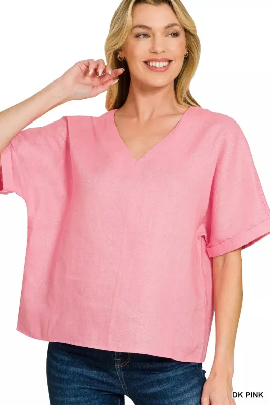 Zenana Linen V-Neck Cuffed Sleeve Top sold by Charming Charlie