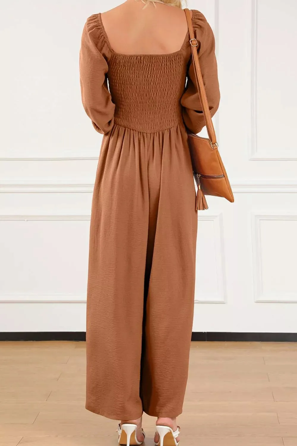 Boho Smocked Square Neck Wide Leg Jumpsuit sold by Charming Charlie product image thumbnail 4