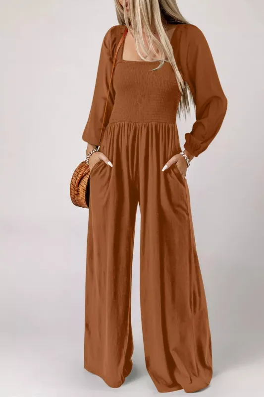 Boho Smocked Square Neck Wide Leg Jumpsuit sold by Charming Charlie