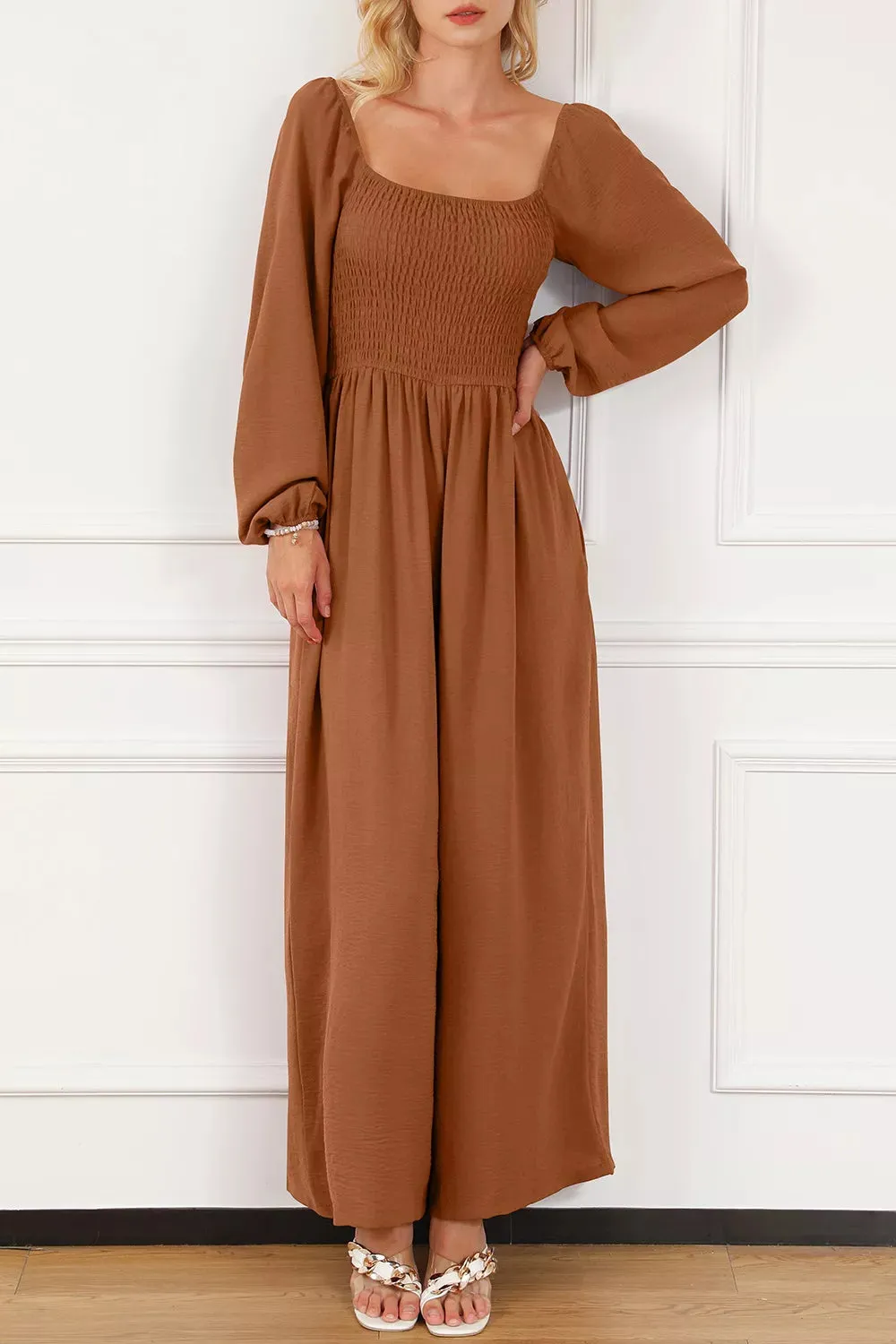 Boho Smocked Square Neck Wide Leg Jumpsuit sold by Charming Charlie product image thumbnail 3