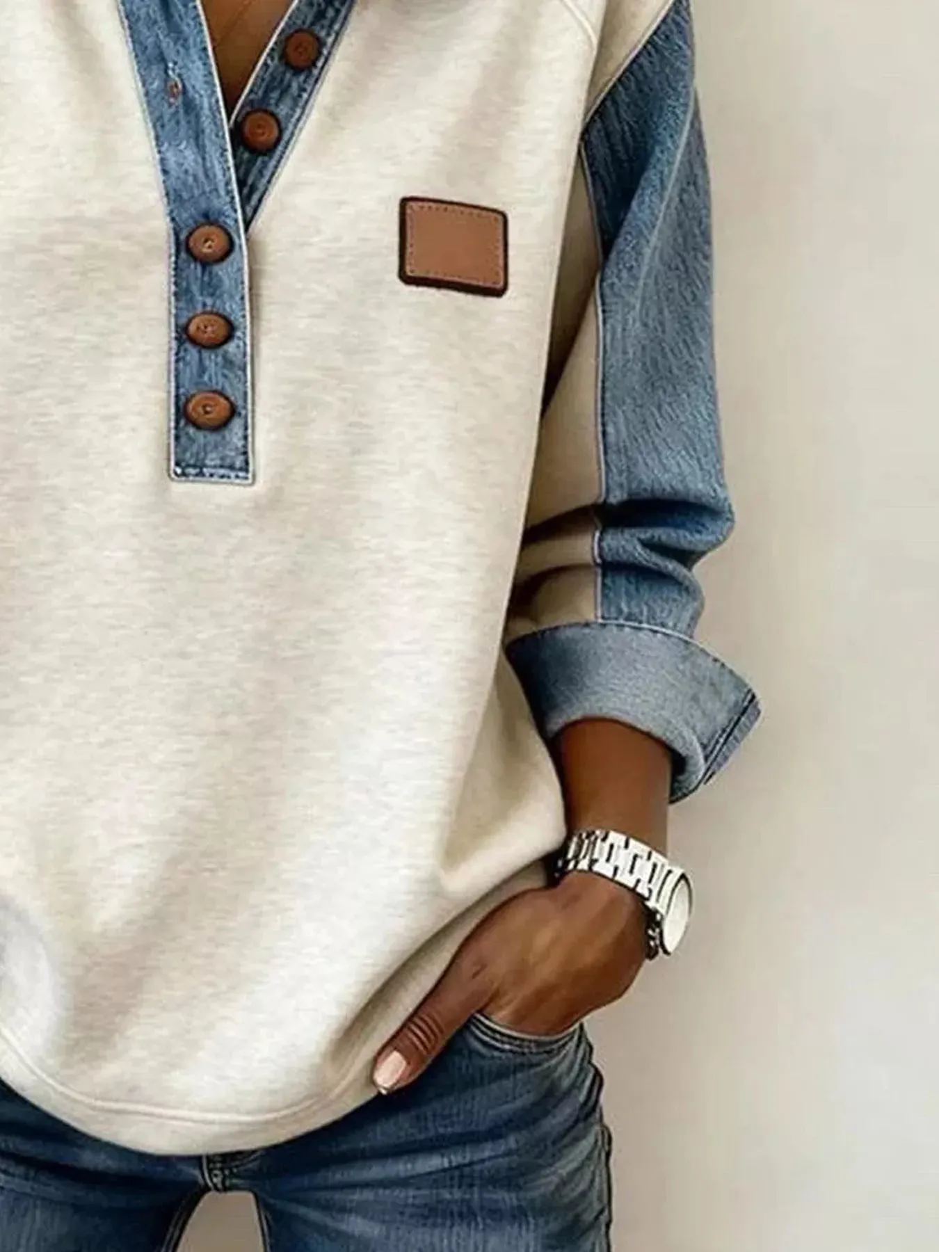 Denim Trim Button Detail Sweatshirt sold by Charming Charlie product image thumbnail 2