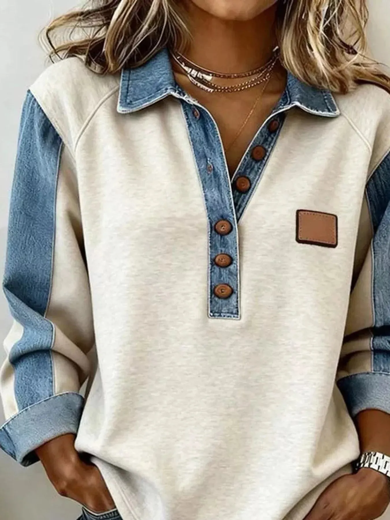 Denim Trim Button Detail Sweatshirt sold by Charming Charlie product image thumbnail 3