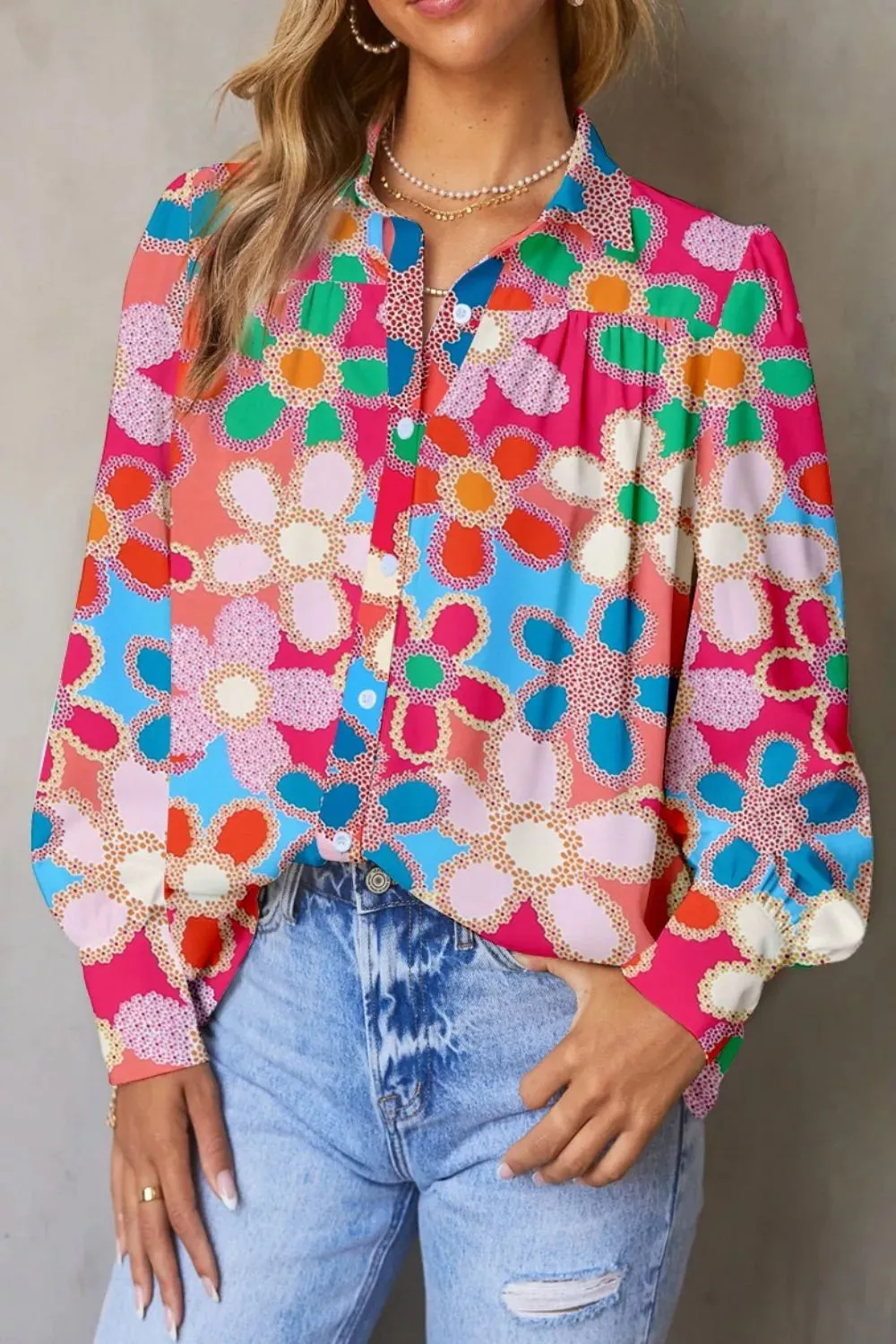 Vibrant Floral Print Long Sleeve Shirt sold by Charming Charlie