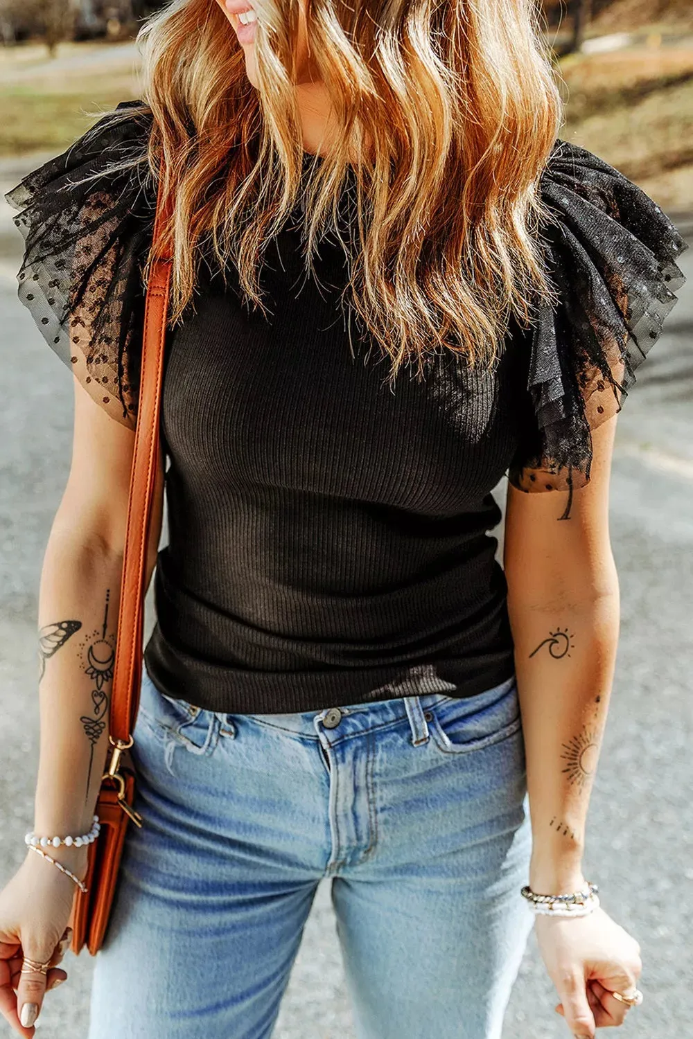 Polka Dot Mesh Sleeve Ribbed Top sold by Charming Charlie product image thumbnail 2