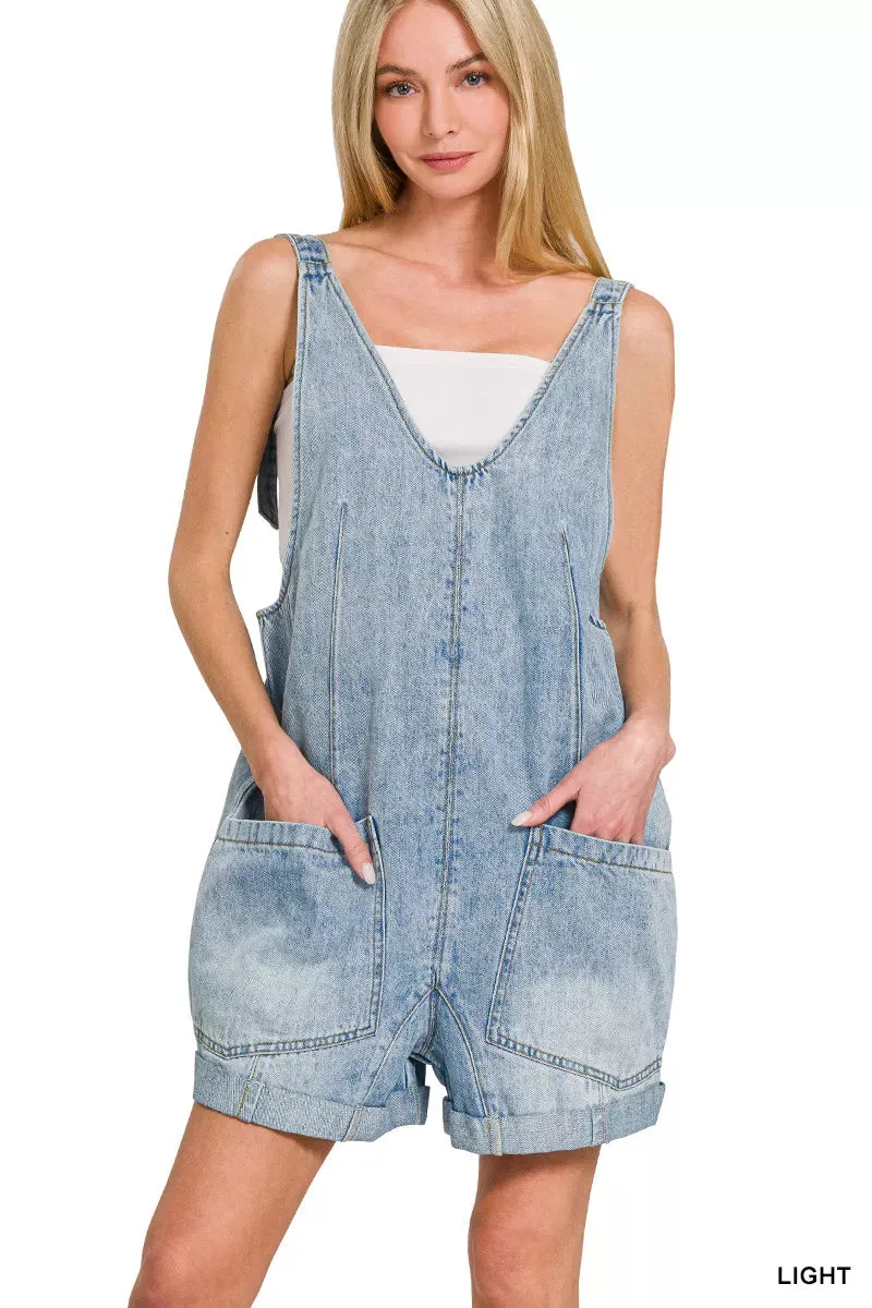 Zenana Denim Short Overalls with Pockets sold by Charming Charlie