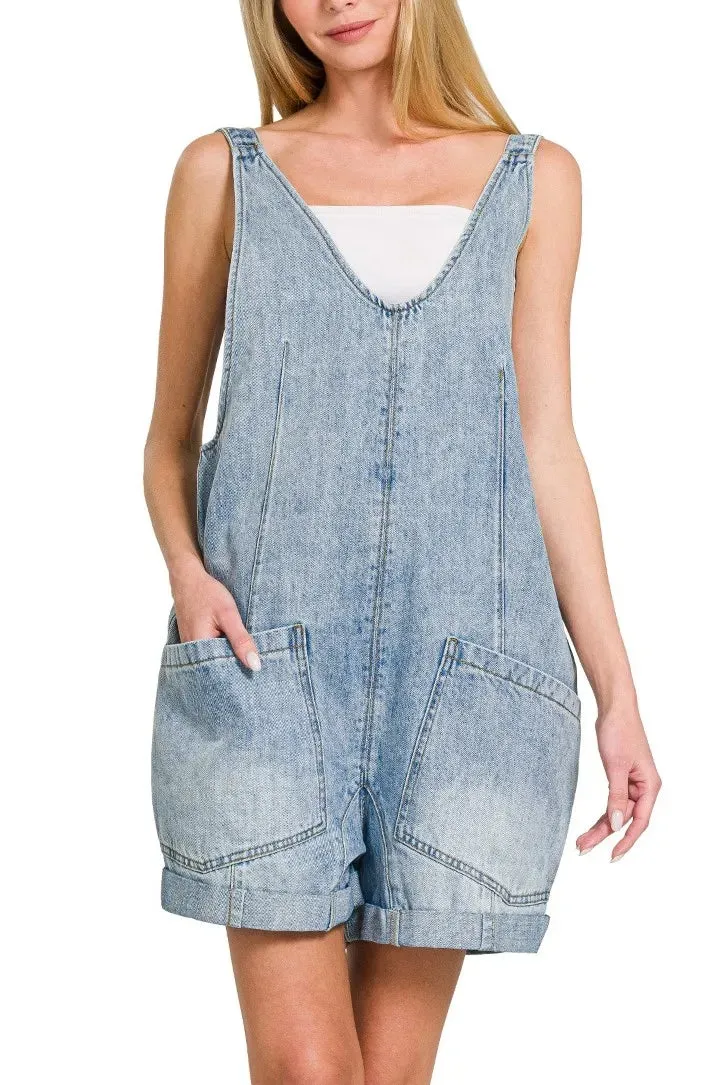 Zenana Denim Short Overalls with Pockets sold by Charming Charlie product image thumbnail 5