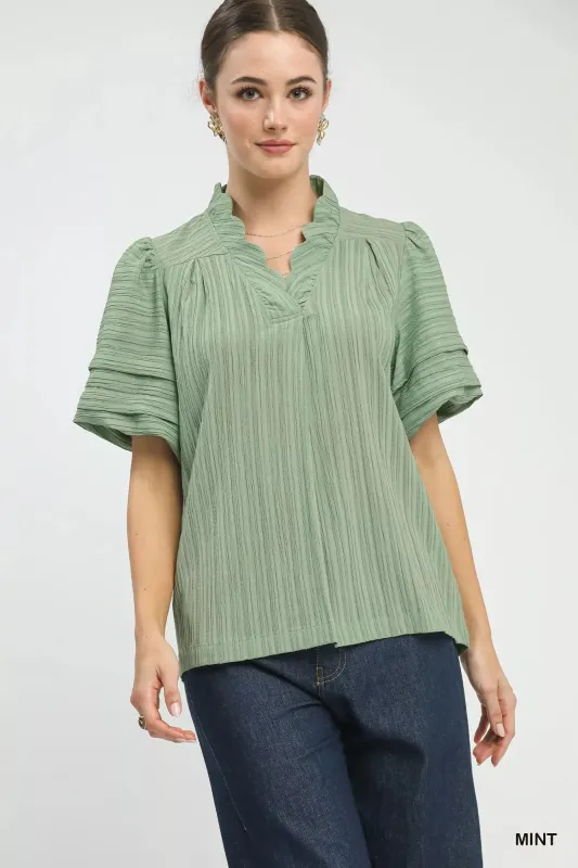 Umgee Seersucker Bubble Sleeve V-Neck Blouse made by Trendsi