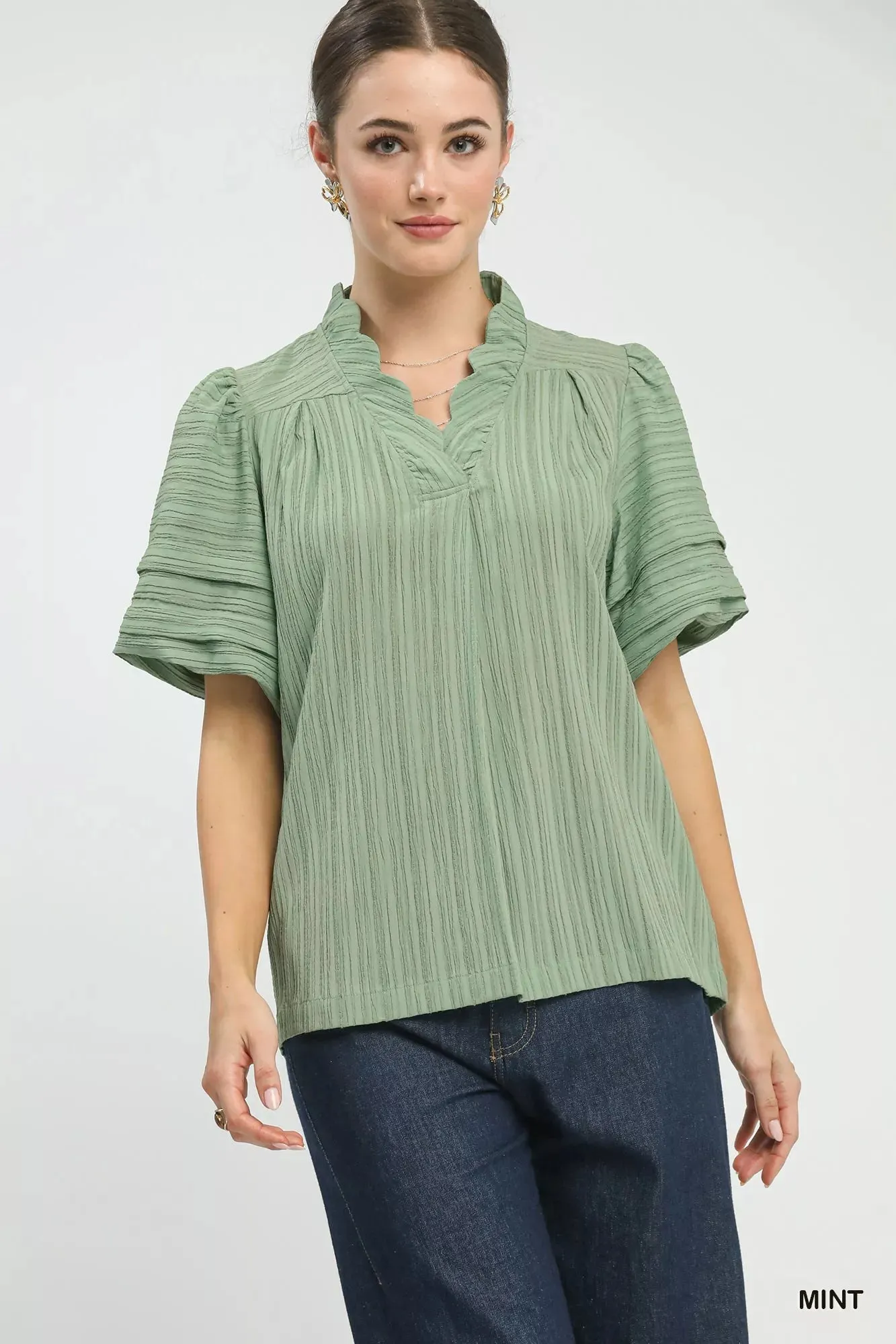 Umgee Seersucker Bubble Sleeve V-Neck Blouse sold by Charming Charlie