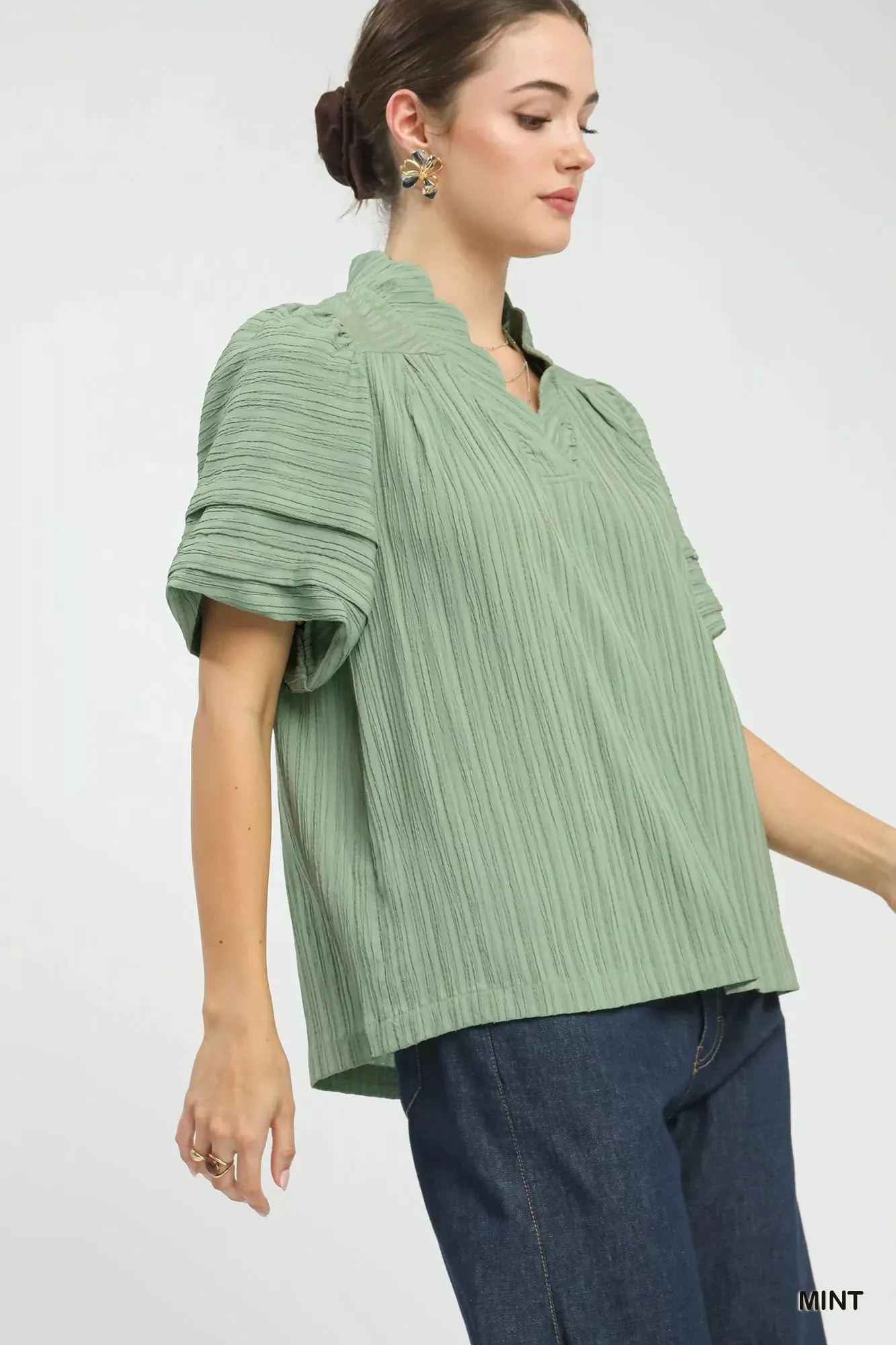 Umgee Seersucker Bubble Sleeve V-Neck Blouse sold by Charming Charlie product image thumbnail 2