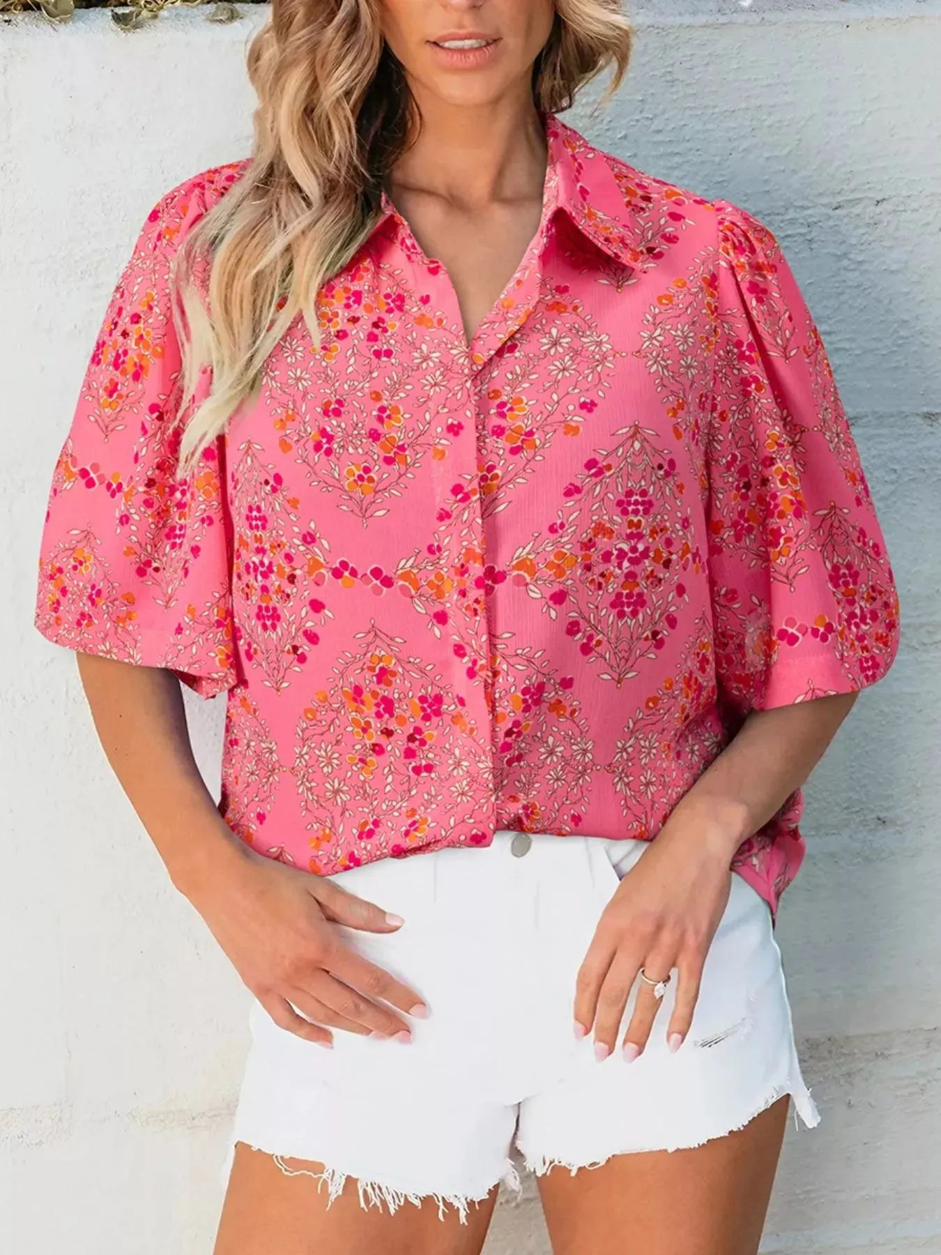 Floral Print Puff Sleeve Shirt sold by Charming Charlie