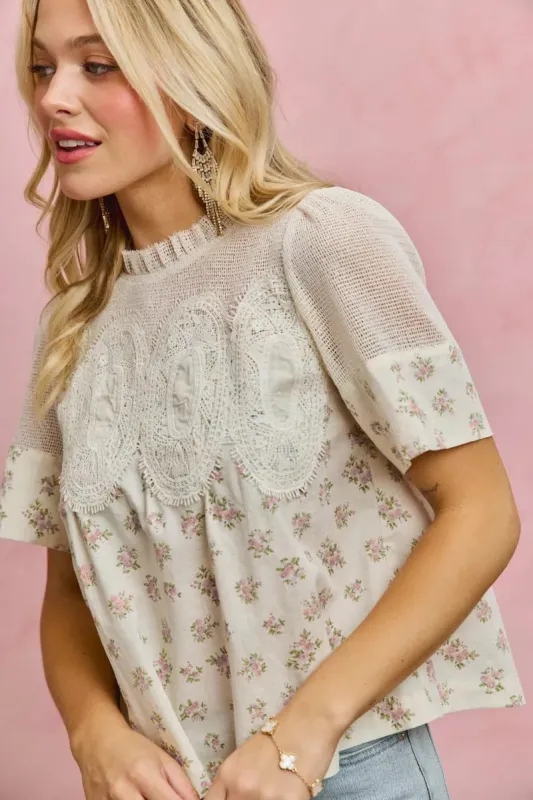 SO ME Floral Print Lace Trim Cotton Blouse sold by Charming Charlie