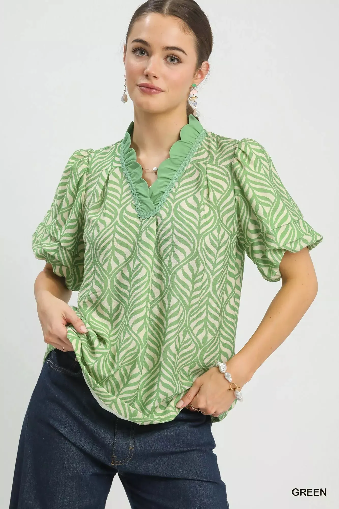 Umgee Printed Puff Sleeve Ruffle Neck Top sold by Charming Charlie