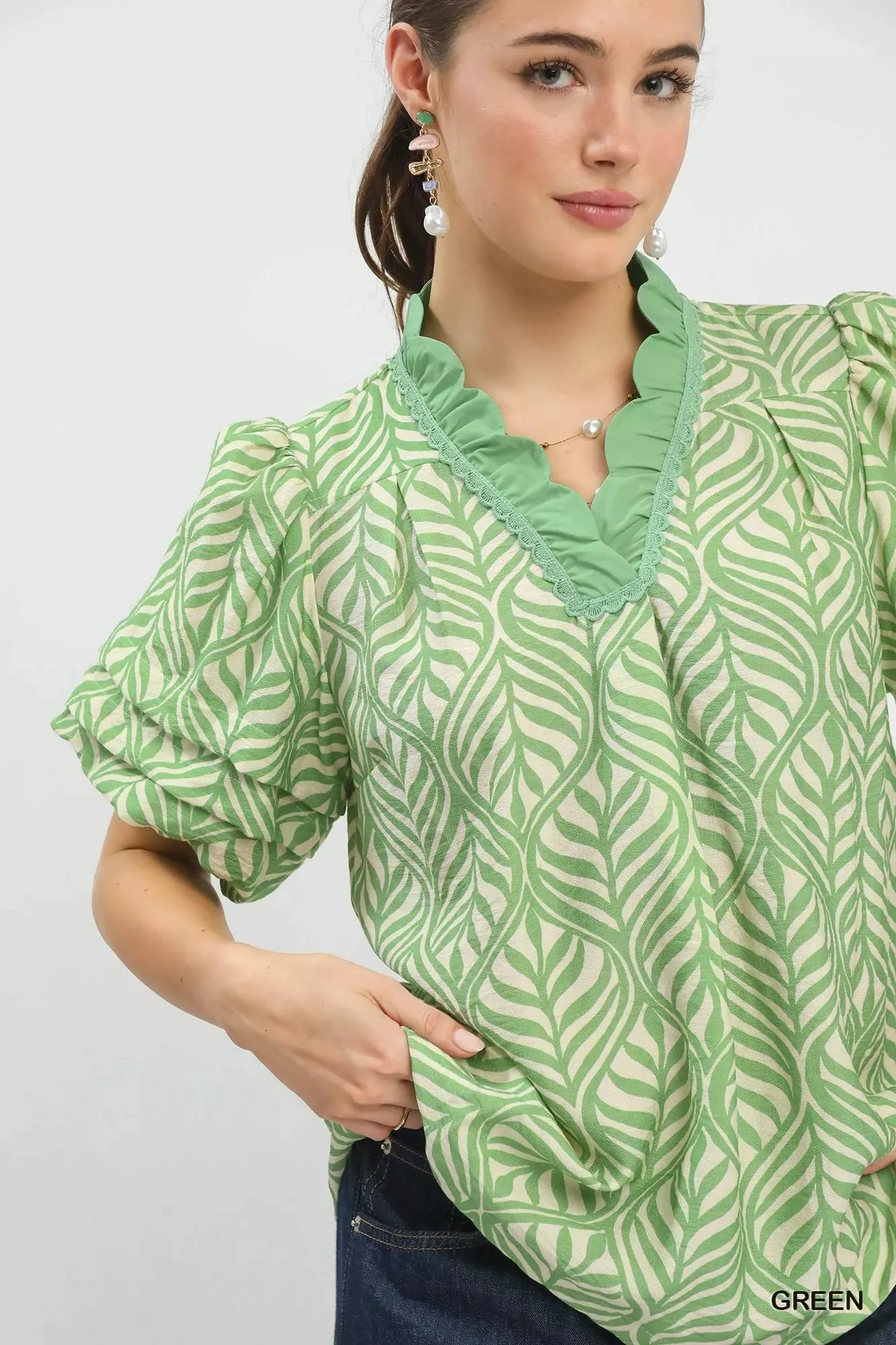 Umgee Printed Puff Sleeve Ruffle Neck Top sold by Charming Charlie product image thumbnail 5