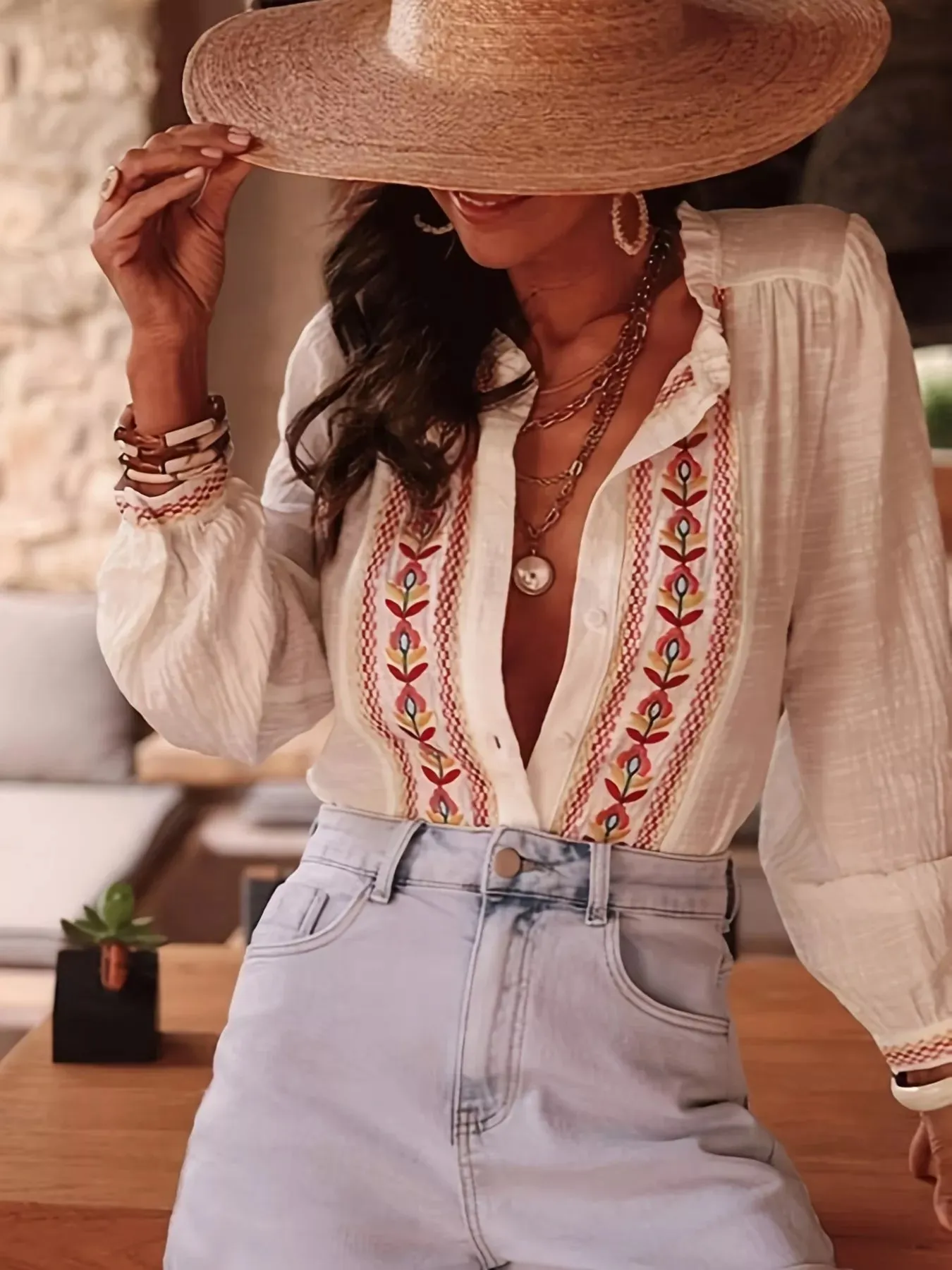 Embroidered Button Up Long Sleeve Shirt sold by Charming Charlie product image thumbnail 3