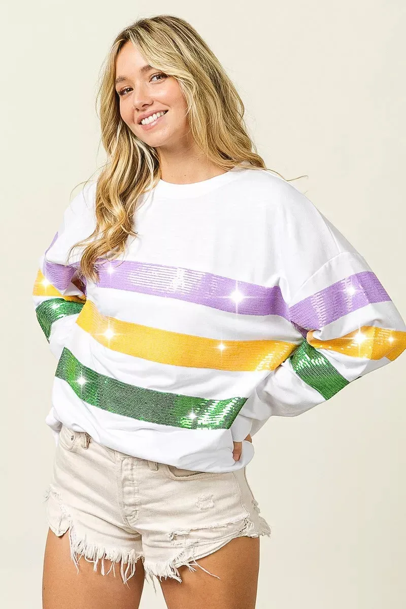 BiBi Sequin Mardi Gras Striped Round Neck Sweatshirt sold by Charming Charlie product image thumbnail 4