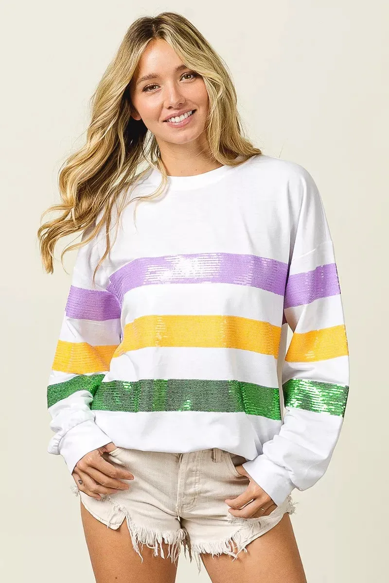 BiBi Sequin Mardi Gras Striped Round Neck Sweatshirt sold by Charming Charlie