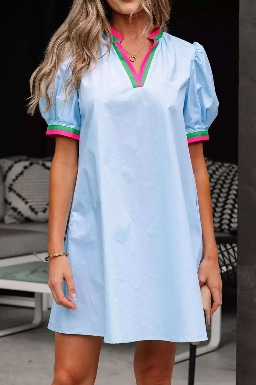 Puff Sleeve Mini Dress with Contrast Trim sold by Charming Charlie product image thumbnail 4