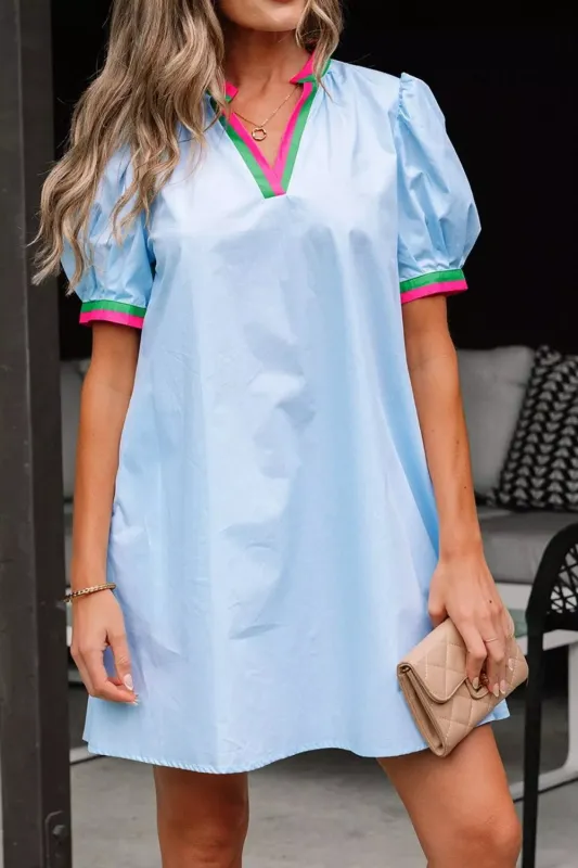 Puff Sleeve Mini Dress with Contrast Trim sold by Charming Charlie