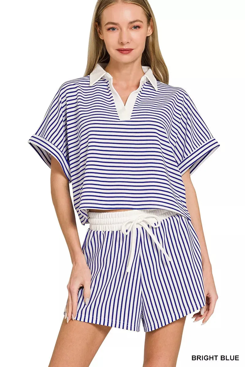 Zenana Striped Collared Top & Shorts Set sold by Charming Charlie