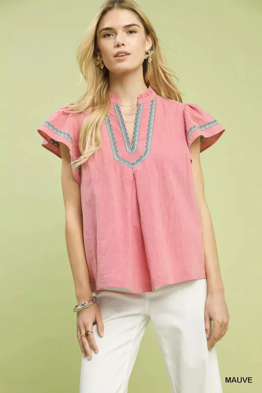 Umgee Embroidered Flutter Sleeve Blouse sold by Charming Charlie