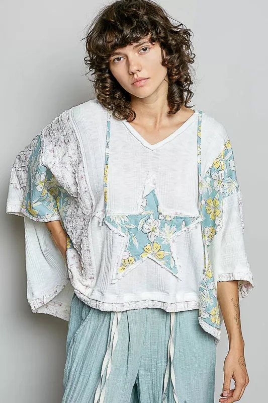 POL Floral Star Patch Hooded Blouse with Lace Contrast Detail sold by Charming Charlie