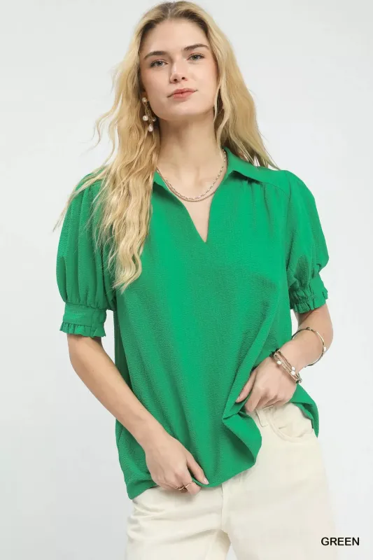 Umgee Seersucker Puff Sleeve Blouse made by Trendsi