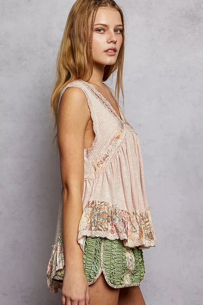 POL Lace Detail Ruffled Ribbed Sleeveless Top with Floral Pattern Trim Detail sold by Charming Charlie product image thumbnail 3