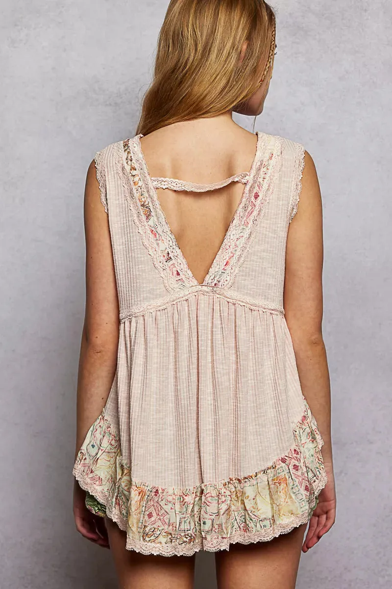 POL Lace Detail Ruffled Ribbed Sleeveless Top with Floral Pattern Trim Detail sold by Charming Charlie product image thumbnail 4
