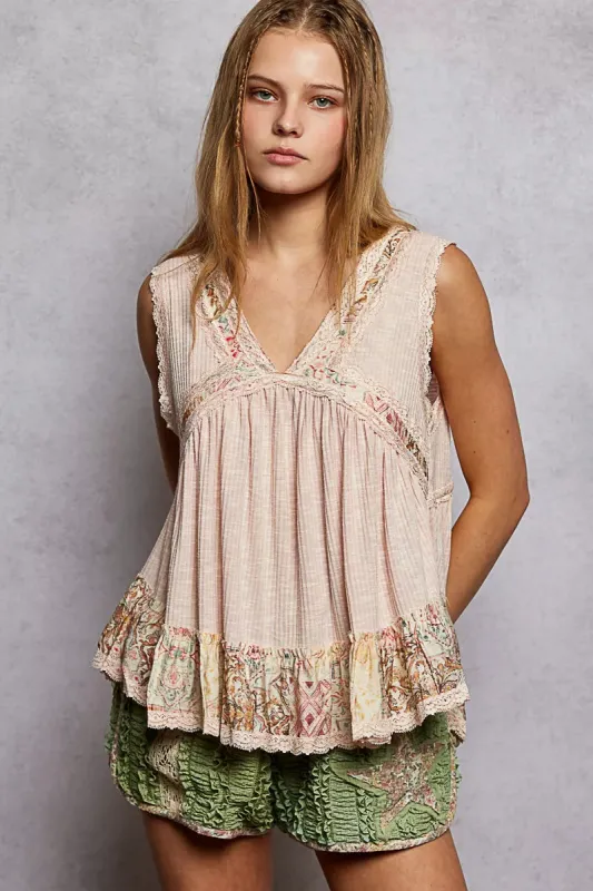 POL Lace Detail Ruffled Ribbed Sleeveless Top with Floral Pattern Trim Detail sold by Charming Charlie