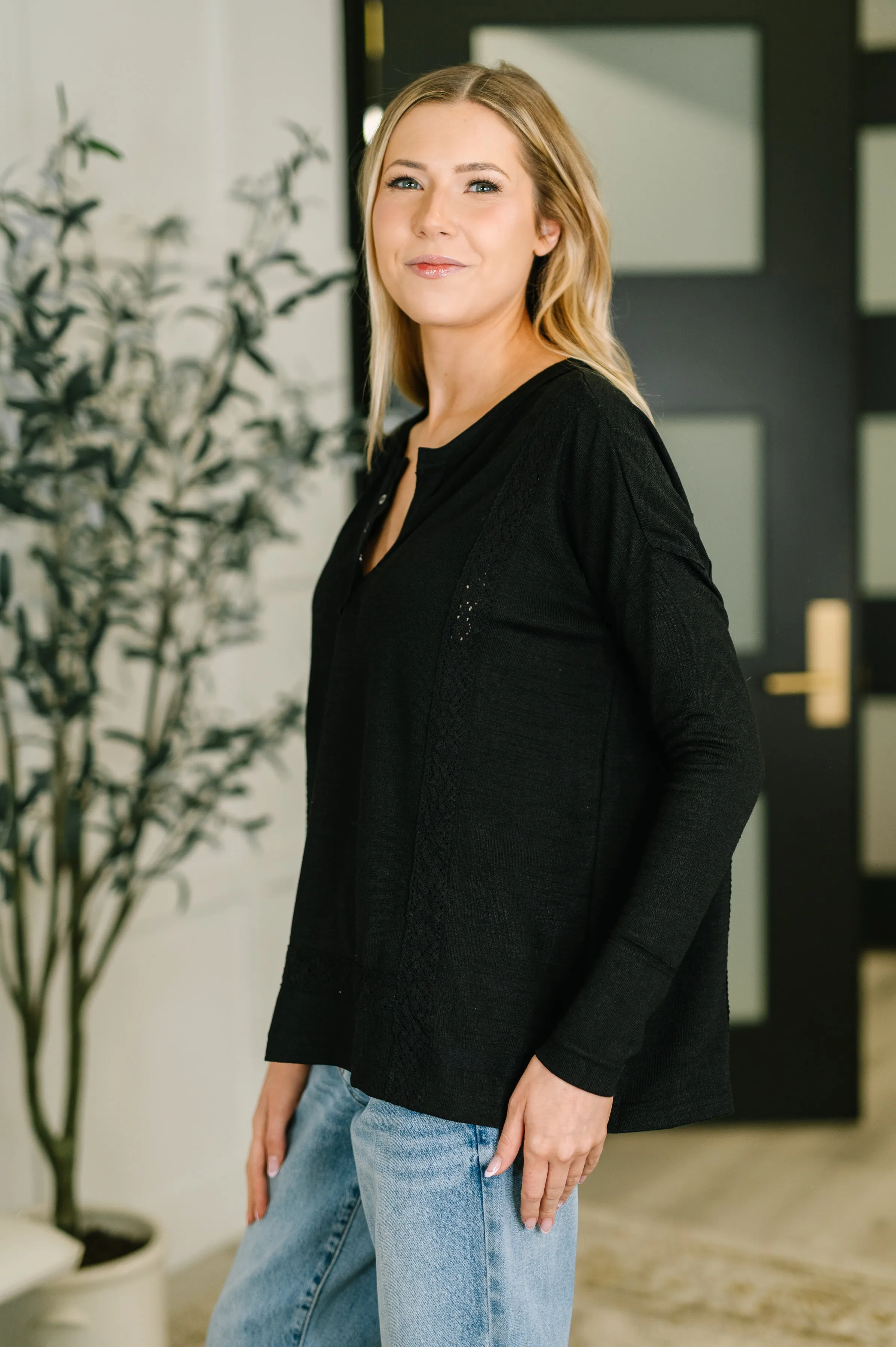 Never Been So Sure Lace Accent Henley Top in Black sold by Charming Charlie product image thumbnail 4