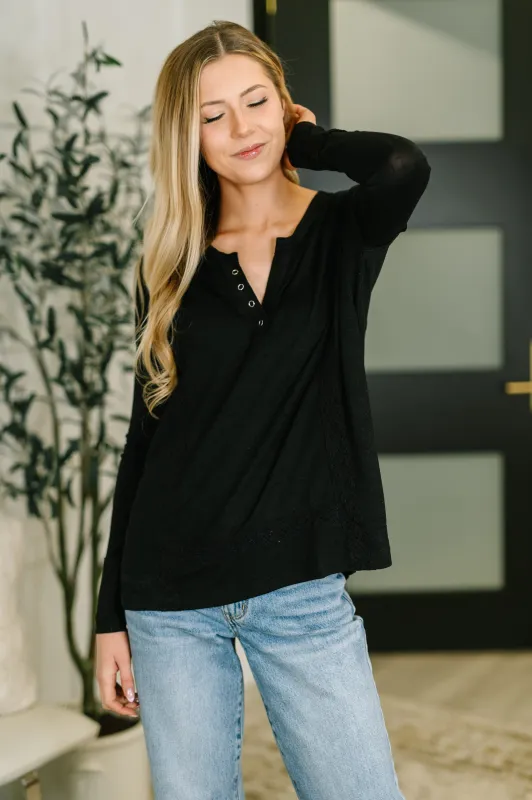 Never Been So Sure Lace Accent Henley Top in Black made by Charming Charlie